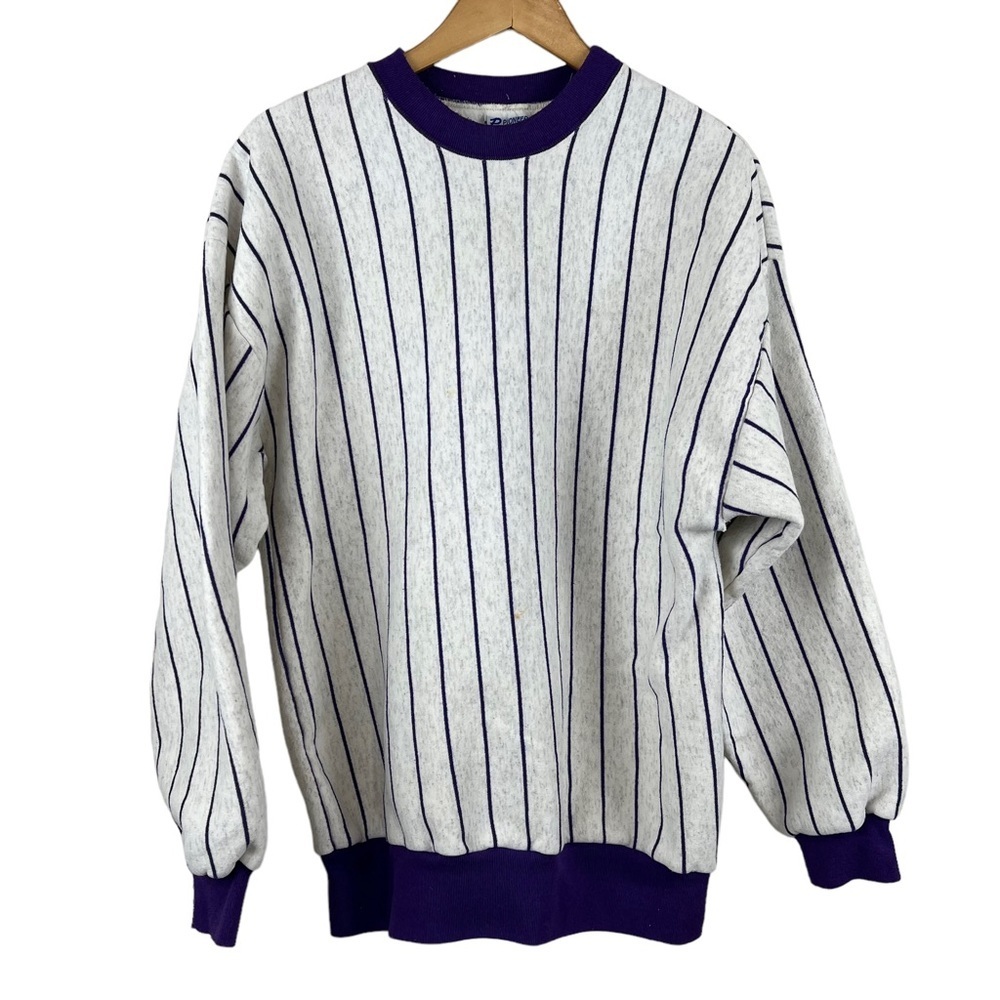 Pioneer Sports Grey and Purple Vertical Stripe Crew Neck Sweatshirt Men's Large